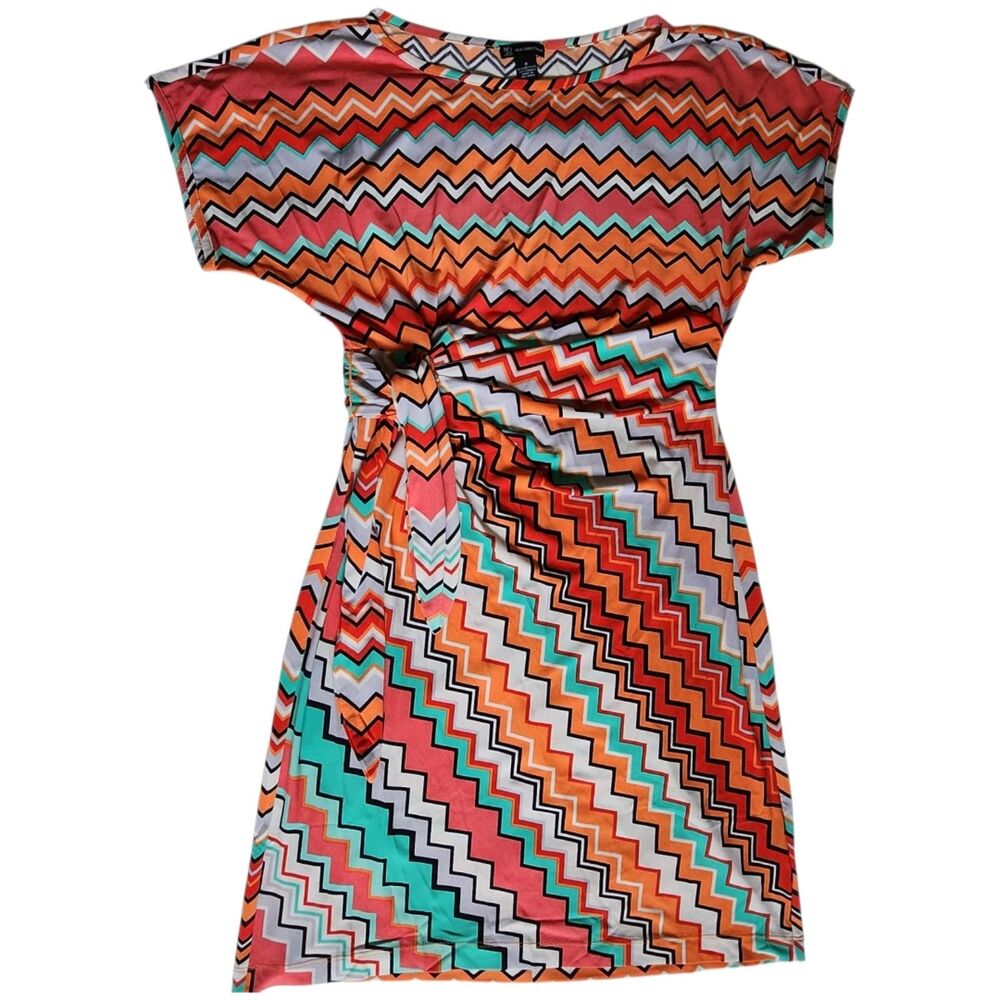 New Directions Orange Aqua Gray Multi Color Chevron Print Shift Dress Sz 6